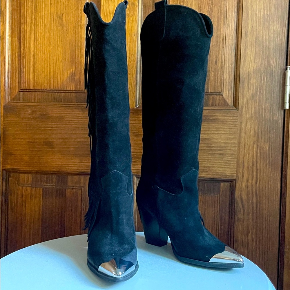 FREE PEOPLE Black Suede Boots Fringe Western Festival Silver Toe Tips Caps 40 10 - Picture 3 of 12
